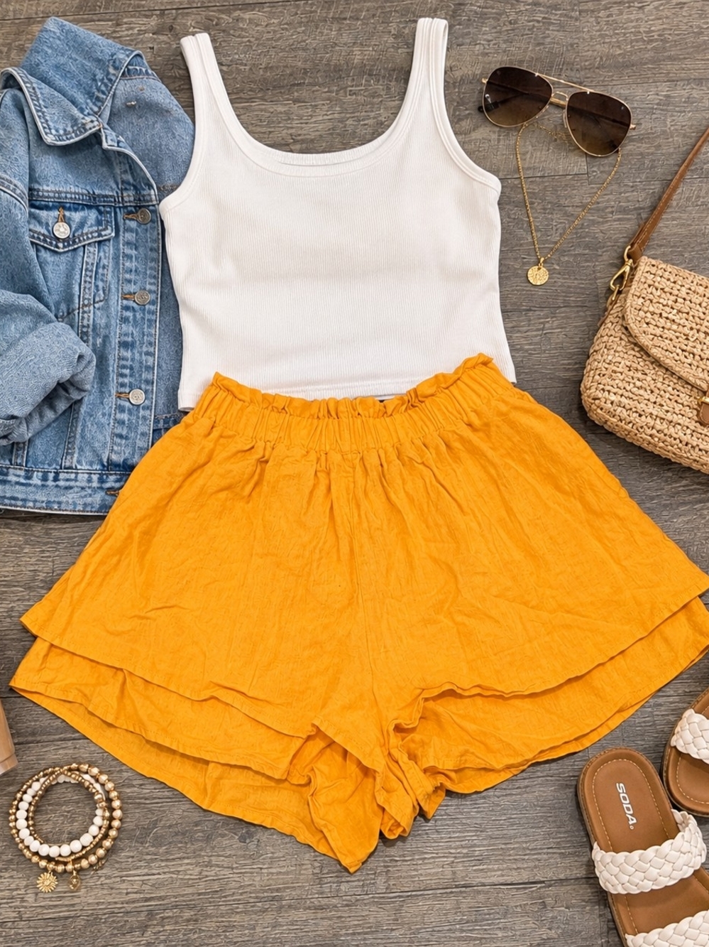 Commense Bright Orange Layered Ruffle High-Waist Shorts